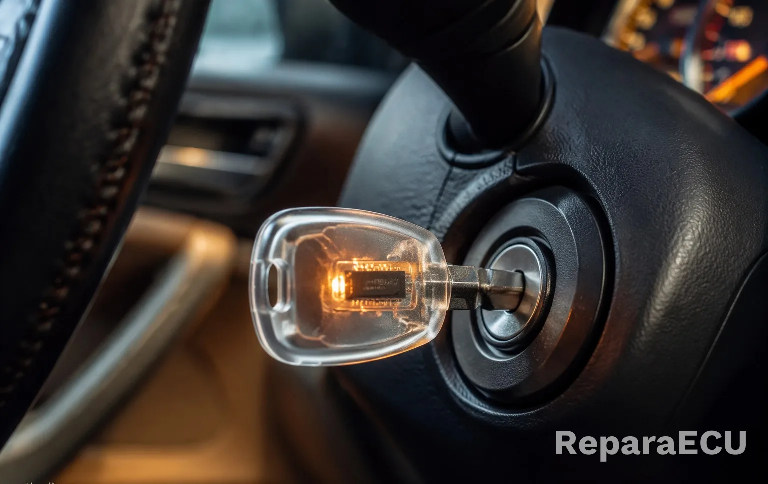 Llave de coche con chip transpondedor en su interior, insertada en el conmutador de arranque
